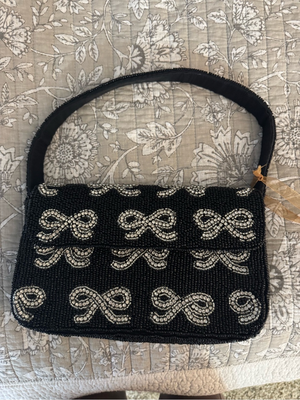 Beaded Black Evening Shoulder Bag with Silver Bow Accents